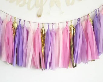 Tissue paper tassel,Tassel garland,Pastel tassel garland,Pink and purple garland,Girls party,Birthday party garland,Pink garland,Princess