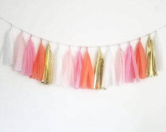 Pink tassel garland,Pink and coral tassel garland,Pink tissue paper garland,Custom tassel garland,Flamingo bachelorette,flamingo party