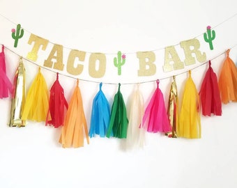 Taco bar banner,taco bout a party,fiesta,taco party,taco Tuesday,fiesta decorations,custom banner, tissue paper tassel,custom glitter banner