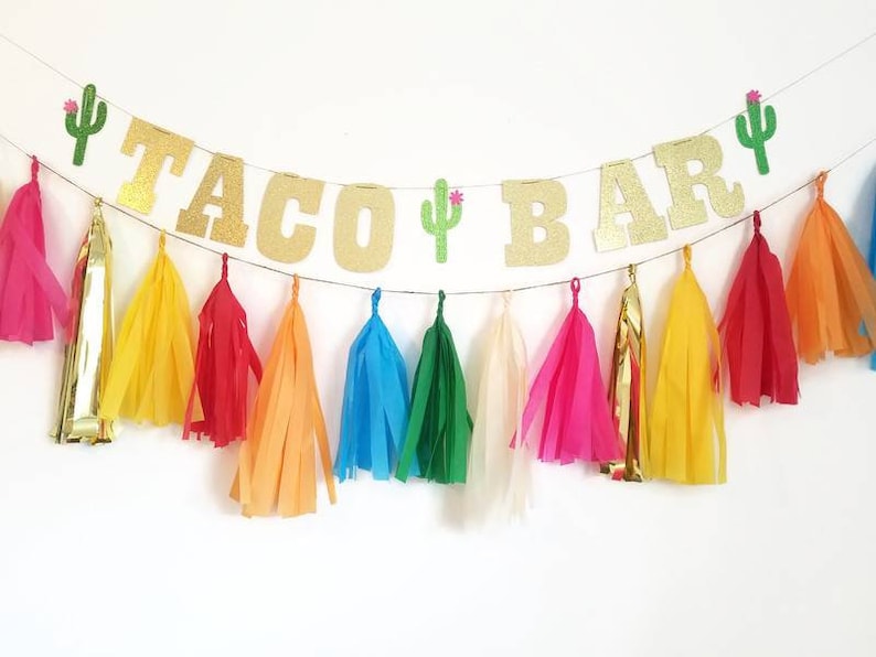 Taco bar banner,taco bout a party,fiesta,taco party,taco Tuesday,fiesta decorations,custom banner, tissue paper tassel,custom glitter banner image 1