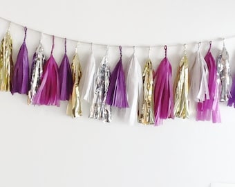 Purple rain tassel,Garland, purple and gold tassel Garland,purple tissue garland,purple birthday,purple wedding,purple fringe