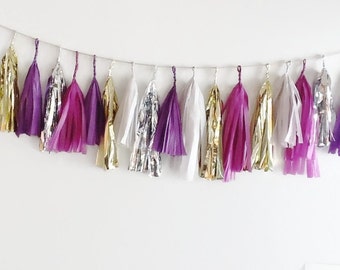 Purple rain tassel,Garland, purple and gold tassel Garland,purple tissue garland,purple birthday,purple wedding,purple fringe