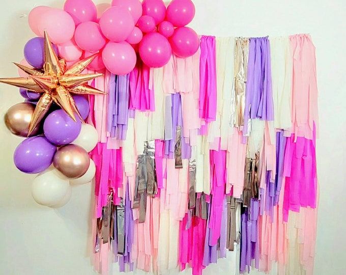 Pink and purple backdrop,Fringe Backdrop,bachelorette party decoration,Pink fringe,bachelorette party ideas,teen party backdrop,party decor