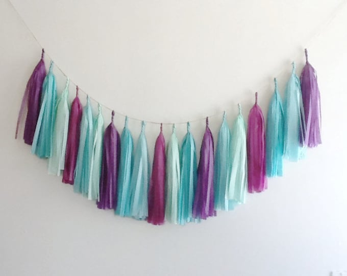 The mermaid tassel Garland,tissue paper garland, purple garland,purple and teal garland,mermaid party,mermaid tail,tassel garland,birthday