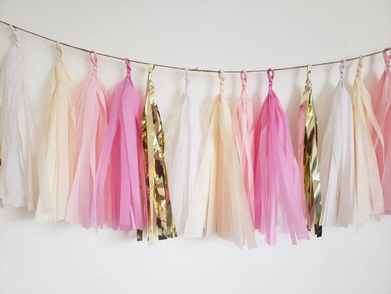 Tissue paper tassel Garland, tassel garland,pink tassel garland, pink and gold tassel garland, bachelorette,bridal shower,come on barbie Il_570xn