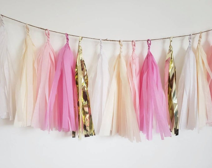 Tissue paper tassel Garland, tassel garland,pink tassel garland, pink and gold tassel garland, bachelorette,bridal shower,come on barbie