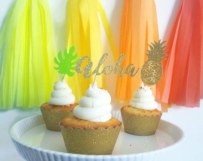 Pineapple cupcake topper,aloha cupcake topper,Tropical decorations,Hawaiian luau, Hawaiian themed party, Hawaiian cupcake toppers,pool party