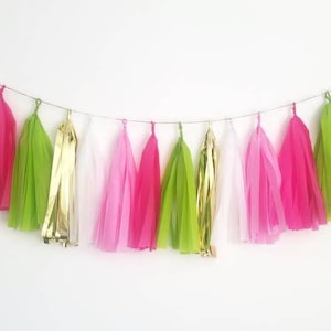 Pink tassel garland,hot pink tassel garland,Pink and green tassel garland,Pink tissue paper Garland,Tropical decorations,Tropical party