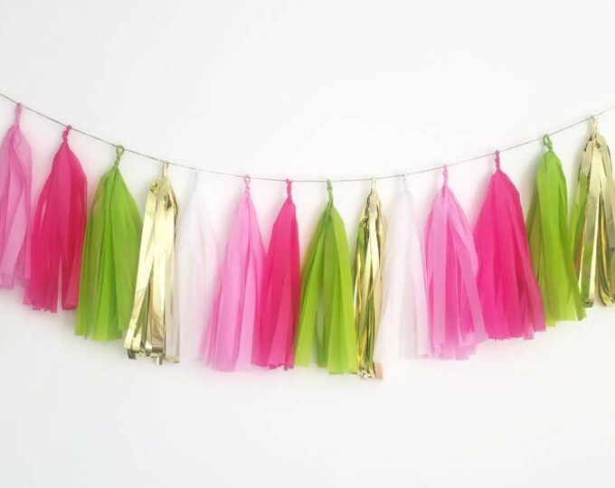 Pink tassel garland,hot pink tassel garland,Pink and green tassel garland,Pink tissue paper Garland,Tropical decorations,Tropical party