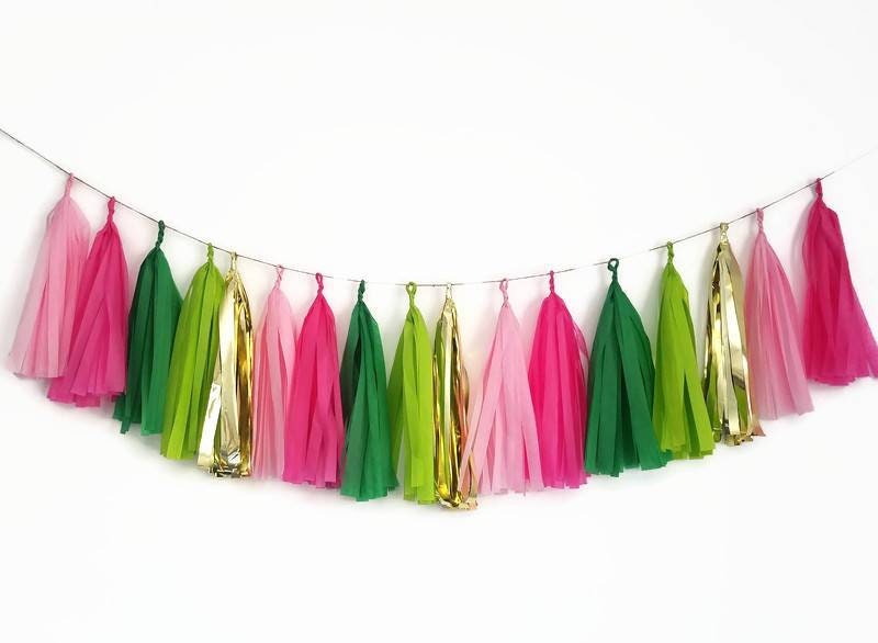 Pink tassel garland,Pink and green tassel garland,Pink tissue paper garland,Custom  tassel garland,Flamingo bachelorette,flamingo party