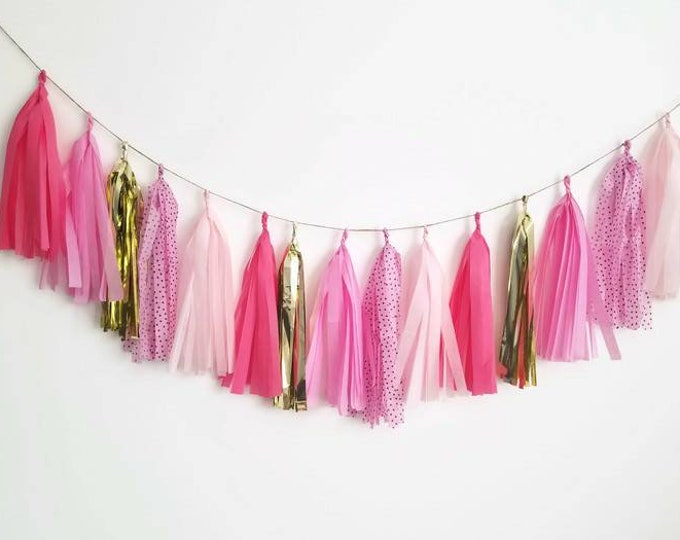 Pink tassel garland,tassel garland,pink birthday decorations,Girls birthday decoration,Pink garland,Pink, polka dots,polka dot garland,