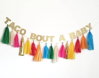 Tacos pour un bébé, tacos pour une fête, fiesta baby shower, fiesta, guirlande de papier de soie, guirlande personnalisée, bannière à paillettes, idées de baby shower, guirlande