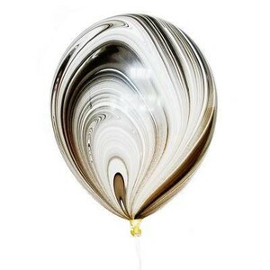 May include: A black and white marbled balloon with a swirl pattern. The balloon is inflated and ready to be tied.