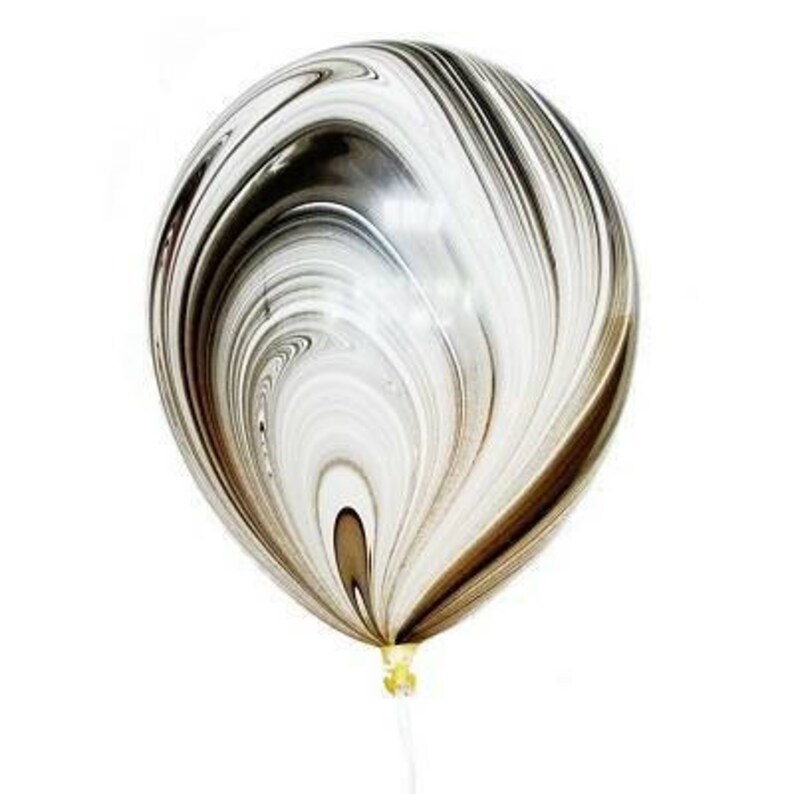 May include: A black and white marbled balloon with a swirl pattern. The balloon is inflated and ready to be tied.