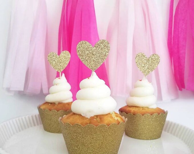 Gold glitter heart cupcake topper,heart cupcake topper, gold heart cupcake topper, cupcake topper,heart cupcake pick,glitter heart cupcake