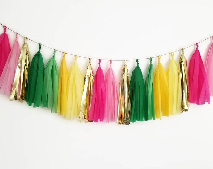 Pink and green tassel garland,Pink tassel garland,pink and yellow garland,Pink tissue paper garland,Tropical decorations,pineapple party