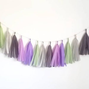 Assembled tissue paper tassel   garland,tissue paper tassel garland,sage green and lilac Garland,purple and Gray Garland,2020 wedding trends