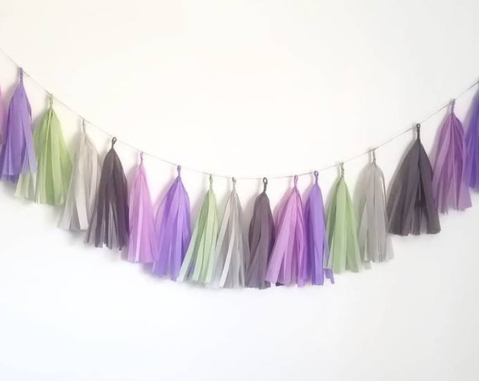 Assembled tissue paper tassel   garland,tissue paper tassel garland,sage green and lilac Garland,purple and Gray Garland,2020 wedding trends