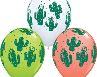 May include: Three latex balloons with a cactus pattern. One balloon is white with green cacti, one is green with green cacti, and one is orange with green cacti.