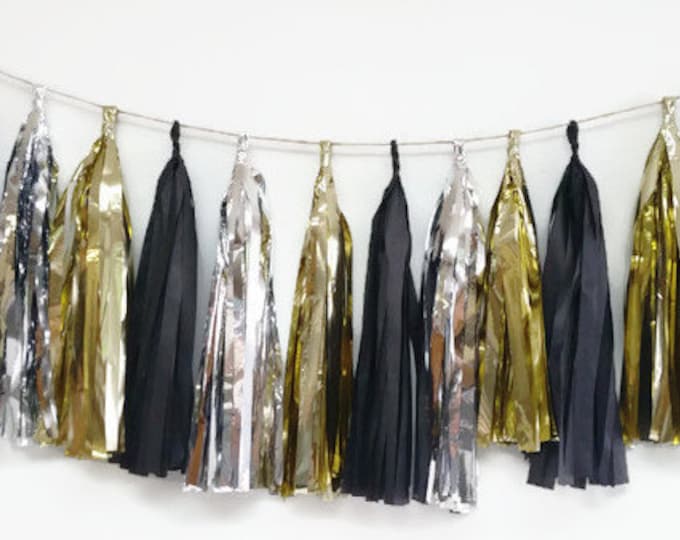 Black and gold tassel garland,black and silver tassel garland,party tassel garland, gold tissue garland,graduation garland