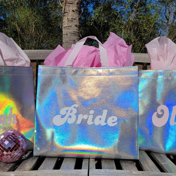 Holographic Bag,Bridesmaids favor,Iridescent gift bag,Holo bag,Bachelorette, custom gift bag,party gift bag,gift bag with name,retro bag