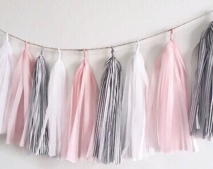 Pink and white tassel garland,Pink and black tassel garland,Pink fringe,black and white tassel,birthday garland,baby shower garland,stripes