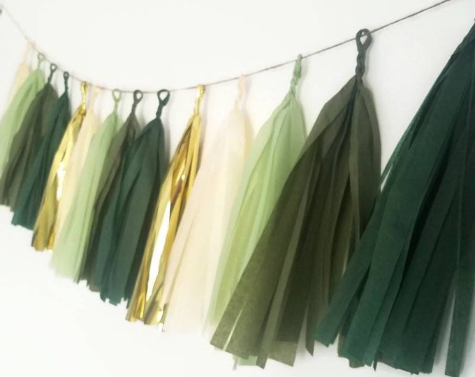 Tissue paper tassel,Tassel Garland,eucalyptus wedding, eucalyptus decorations,green Tassel Garland,Sage green Garland,gold and green wedding