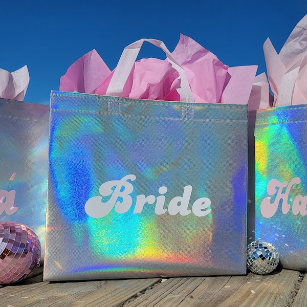 Holographic Bag,Bridesmaids favor,Iridescent gift bag,Bachelorette party favor,custom gift bags,party gift bag,gift bag with name,retro bag