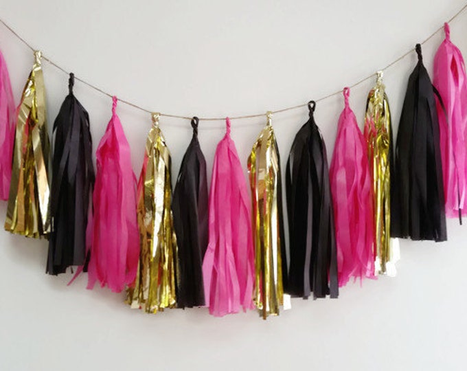 Tassel Garland ,The bachelorette,pink gold tassel garland, black pink gold,Bachelorette party decoration, party garland, Pink gold party