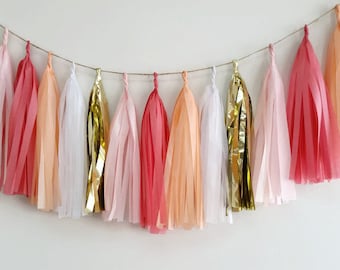 Pink gold tassel garland, Peach tassel garland,Pink garland, Pink baby shower garland, Pink nursery garland,Pink gold wedding garland,tassel