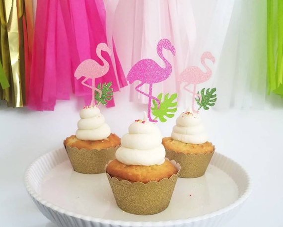 Flamingo cupcake toppers, flamingo cupcakes,glitter flamingo cupcake topper, flamingo party,tropical party, tropical cupcake topper Il_570xn