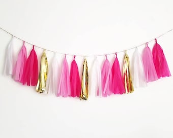 Pink and white tassel garland,Pink tassel garland,pink and gold garland,Pink tissue paper garland,Flamingo bachelorette,flamingo party