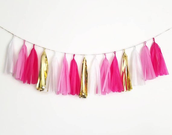Pink and white tassel garland,Pink tassel garland,pink and gold garland,Pink tissue paper garland,Flamingo bachelorette,flamingo party Il_570xn