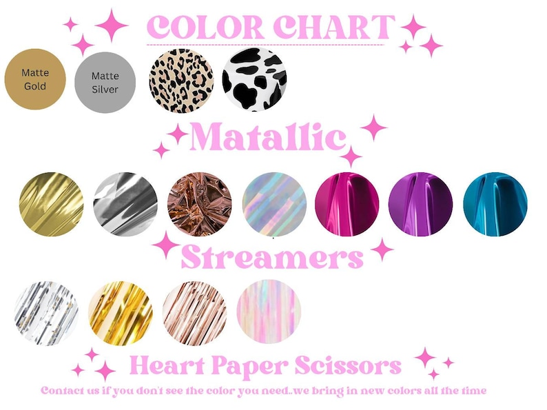 Op de afbeelding: Kleurenkaart met diverse kleuren en patronen, waaronder mat goud en zilver, luipaardprint en koeienprint. Metallic streamers in goud, zilver en iriserende kleuren worden ook getoond. Tekst bevat "Color Chart", "Metallic Streamers" en "Heart Paper Scissors".