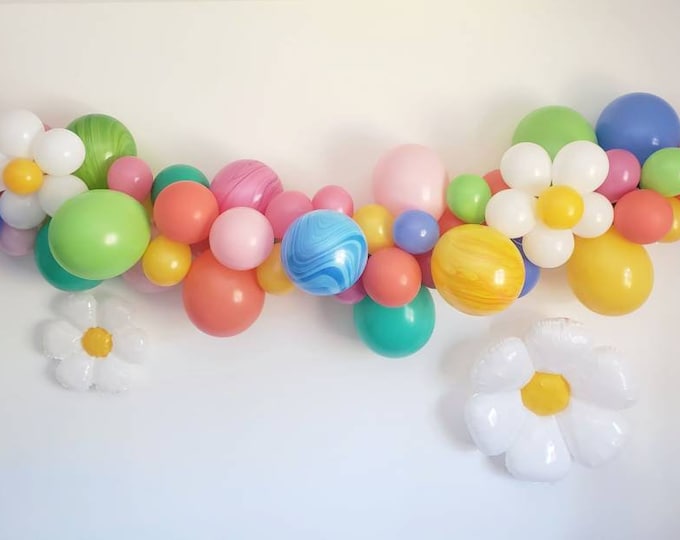 Flower power,flower power balloon garland,retro balloons, daisy balloon,two groovy,tie dye,retro bachelorette,dazed and engaged,bachelorette