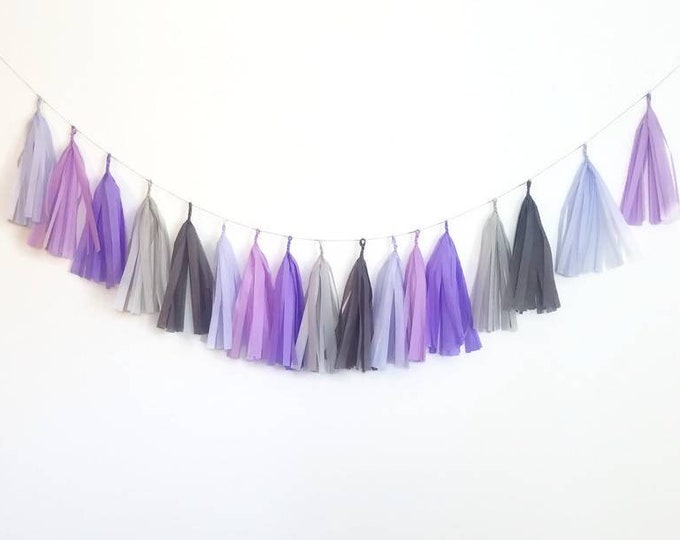 Tissue paper tassel,Tassel Garland,purple Garland,lilac Garland,lavender,purple and gray,2020 wedding colors, assembled tassel Garland