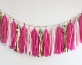 Pink tassel garland,gold and pink tassel garland,baby shower garland,wedding garland, birthday garland,girl birthday,garland,tissue paper