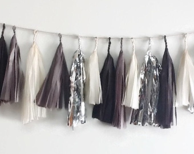 Tissue paper tassel garland, silver garland, silver and black garland, silver fringe,bachelorette party, wedding garland, classy birthday