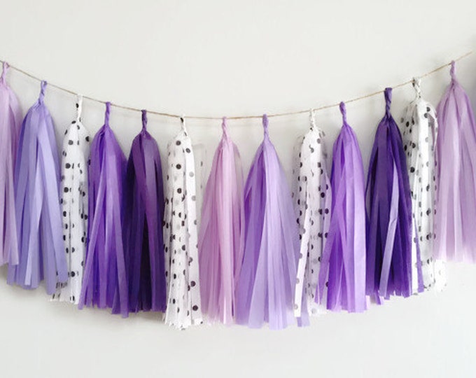 Tassel Garland,Polka dot tassel Garland,Purple garland,Polka dot Party garland,Purple tissue paper Garland,Purple fringe,Polka dots,Birthday