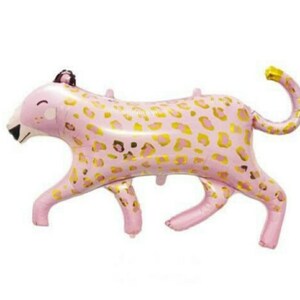 May include: A pink inflatable leopard balloon with gold spots, black accents, and a curved tail. The balloon is designed to look like a walking leopard, ideal for a jungle-themed party or event.