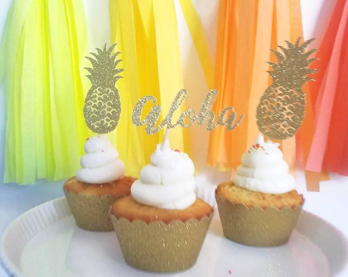 Pineapple cupcak topper,aloha cupcake topper,pineapple decorations,Tropical decorations,Luau party decor,luau cupcake topper, aloha decor