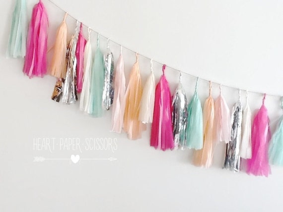 Tissue paper garland,pastel garland,pink garland, silver and pink garland, tissue paper fringe, candy tassel,tassel garland, birthday tassel Il_570xn