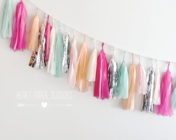 Tissue paper garland,pastel garland,pink garland, silver and pink garland, tissue paper fringe, candy tassel,tassel garland, birthday tassel