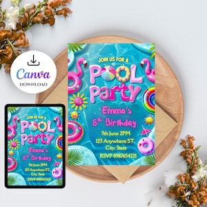 Bearbeitbare Pool Party Geburtstagseinladung Vorlage | Pool-Party Einladung CANVA | Sommer-Geburtstags-Party einladen | Digitale Einladung