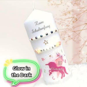 Candle for school enrollment, schoolchild, first day of school, unicorn, school cone, in pink or other colors, hand-decorated, individual