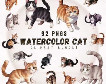 Watercolor Cat Clipart PNG Bundle | 92 Kitten Illustrations | Junk Journal Scrapbook Sublimation | Cat Digital Stickers | Commercial Use