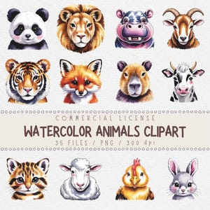 Watercolor Cute Animals Clipart, Cute Animal PNG Bundle, Watercolor Animals, Printable Animals, Cute Nursery Art, Safari Animals Clipart