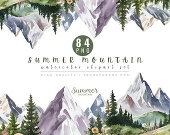 Mountain Watercolor Clipart PNG Bundle, 84 Nature Landscape Sublimation Designs, Cabin Pine Tree Lake, Hiking POD T-Shirt , Commercial Use