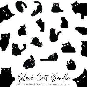 Paquete de imágenes prediseñadas de gatos negros, siluetas PNG, uso comercial (descarga digital)