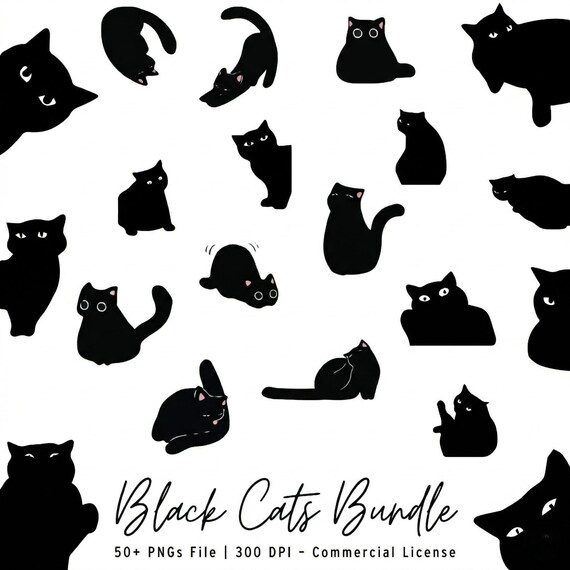 Black Cat PNG Bundle Sublimation, 51 Silhouette Clipart, Halloween Cat SVG, Cricut T-Shirt POD Design, Commercial Use Digital Download